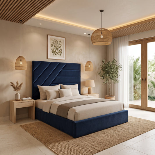 Bristol Blue Fabric Upholstered Bed Frame with Tall Panelled Headboard