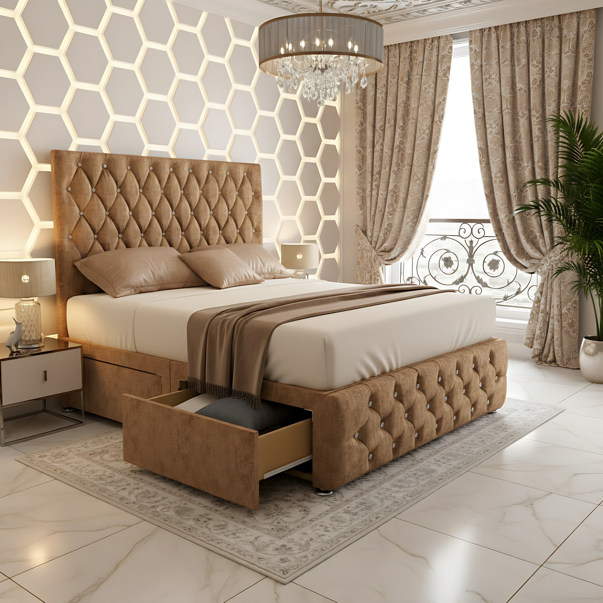 Moscow Diamond Button High Headboard Divan Drawer Storage Bed Frame in beige, with a luxurious tufted headboard and built-in drawer storage.