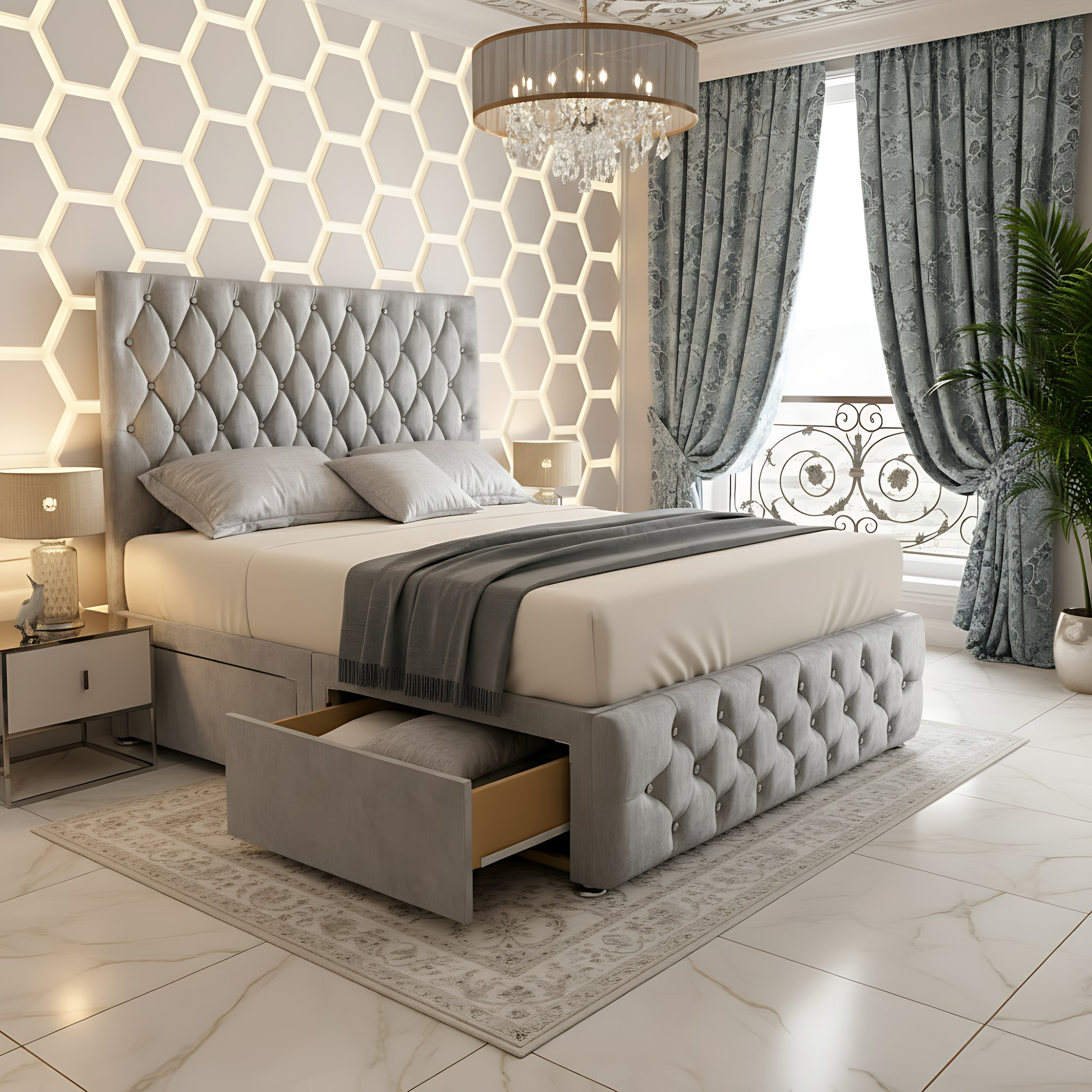 Moscow Diamond Button High Headboard Divan Drawer Storage Bed Frame in beige with the mattress lifted, showing the storage space below.