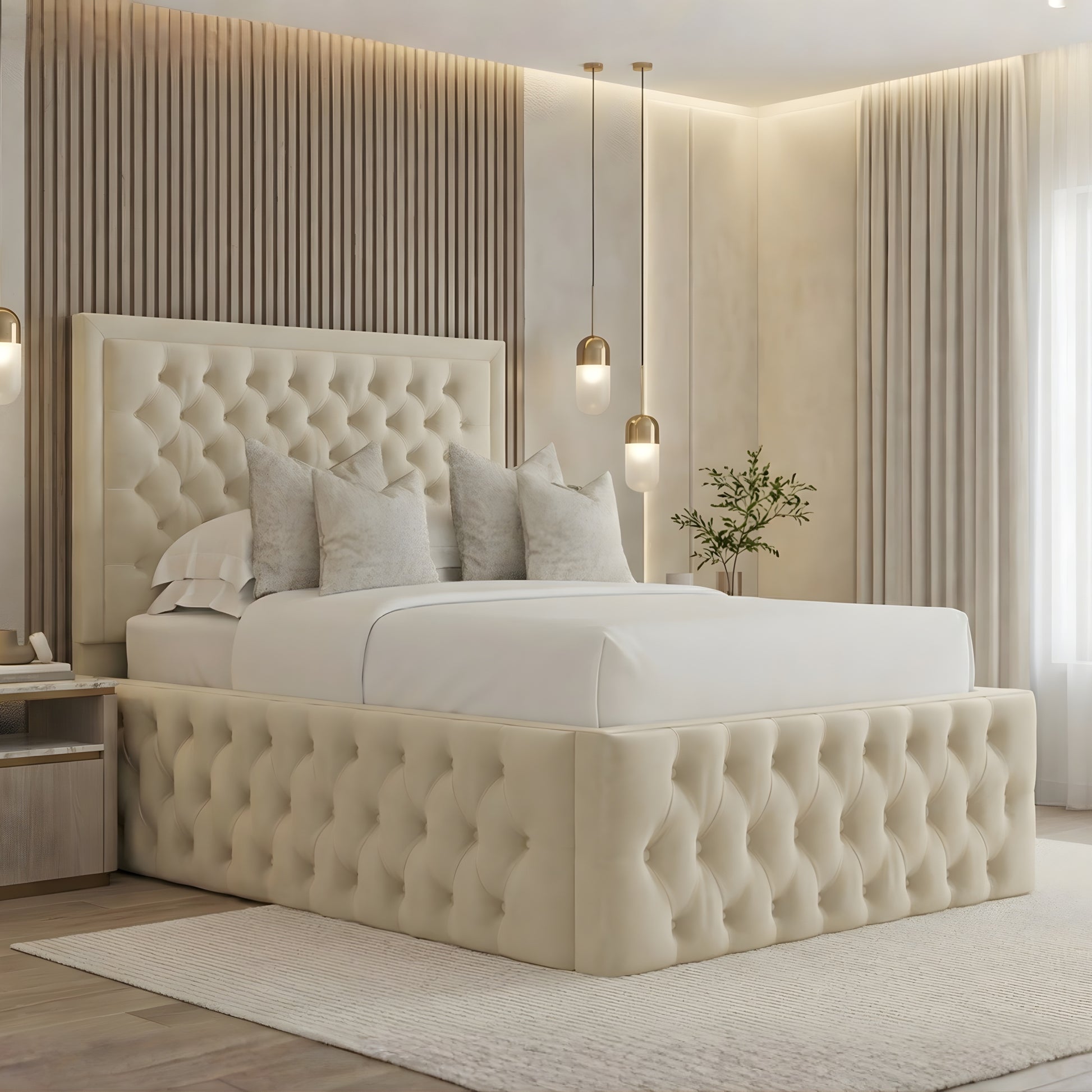Bournemouth cream Chesterfield ottoman storage bed with high headboard and tufted upholstery in modern bedroom.