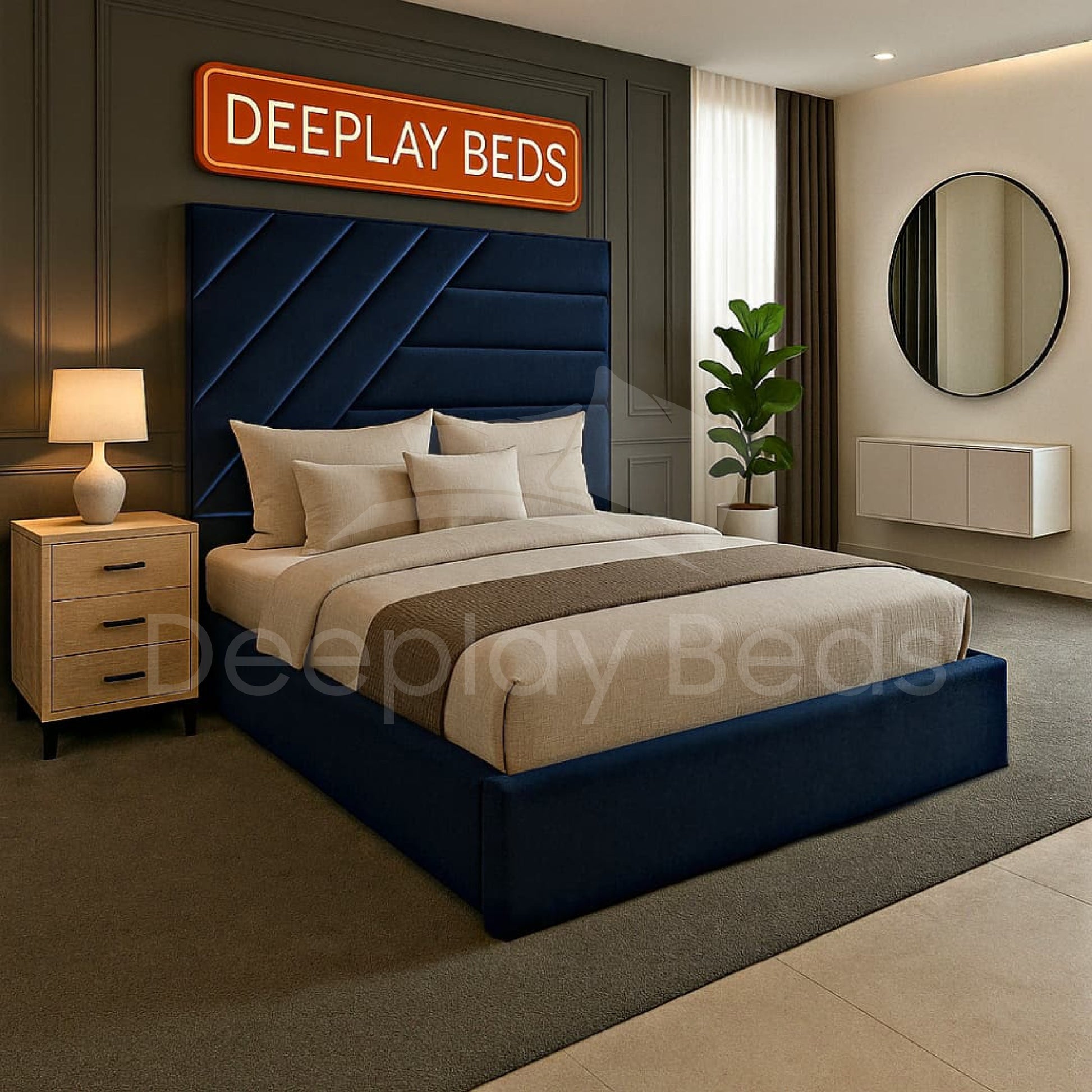 Modern bedroom with a blue upholstered bed and 'DEEPLAY BEDS' branding.