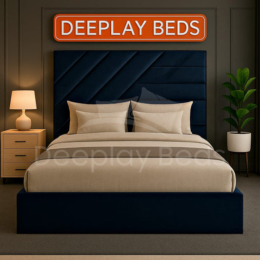 Bedroom setup with a bed, nightstands, and a lamp, featuring the 'DEEPLAY BEDS' brand.