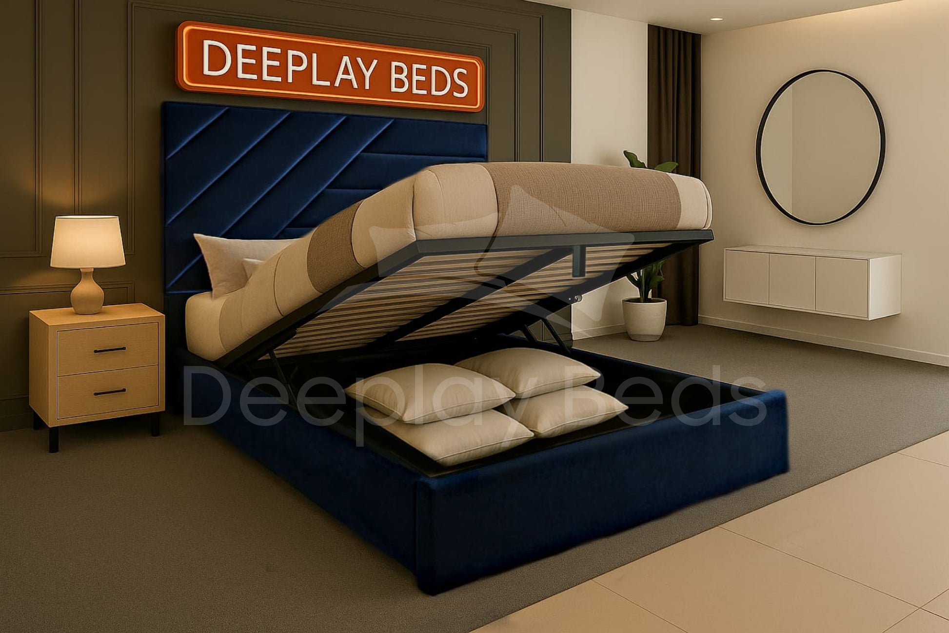 Blue bed with pull-out drawer in a bedroom setting, featuring 'DEEPLAY BEDS' branding.