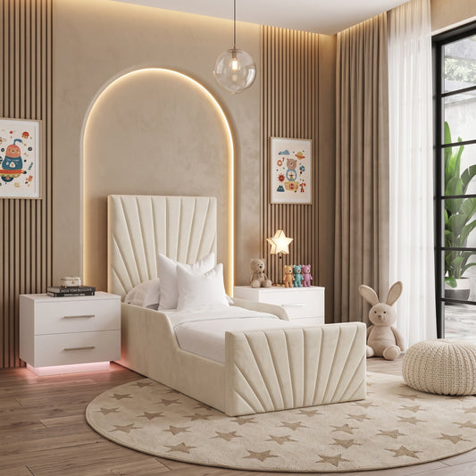 Canute Leaf Design Upholstered Kids Bed Frame in Cream Color