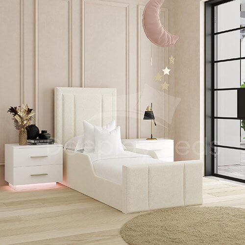 Edgar Kids Cream Box Style Upholstered Bed Frame + Free 8" Mattress 3ft-4ft-4ft6-5ft
