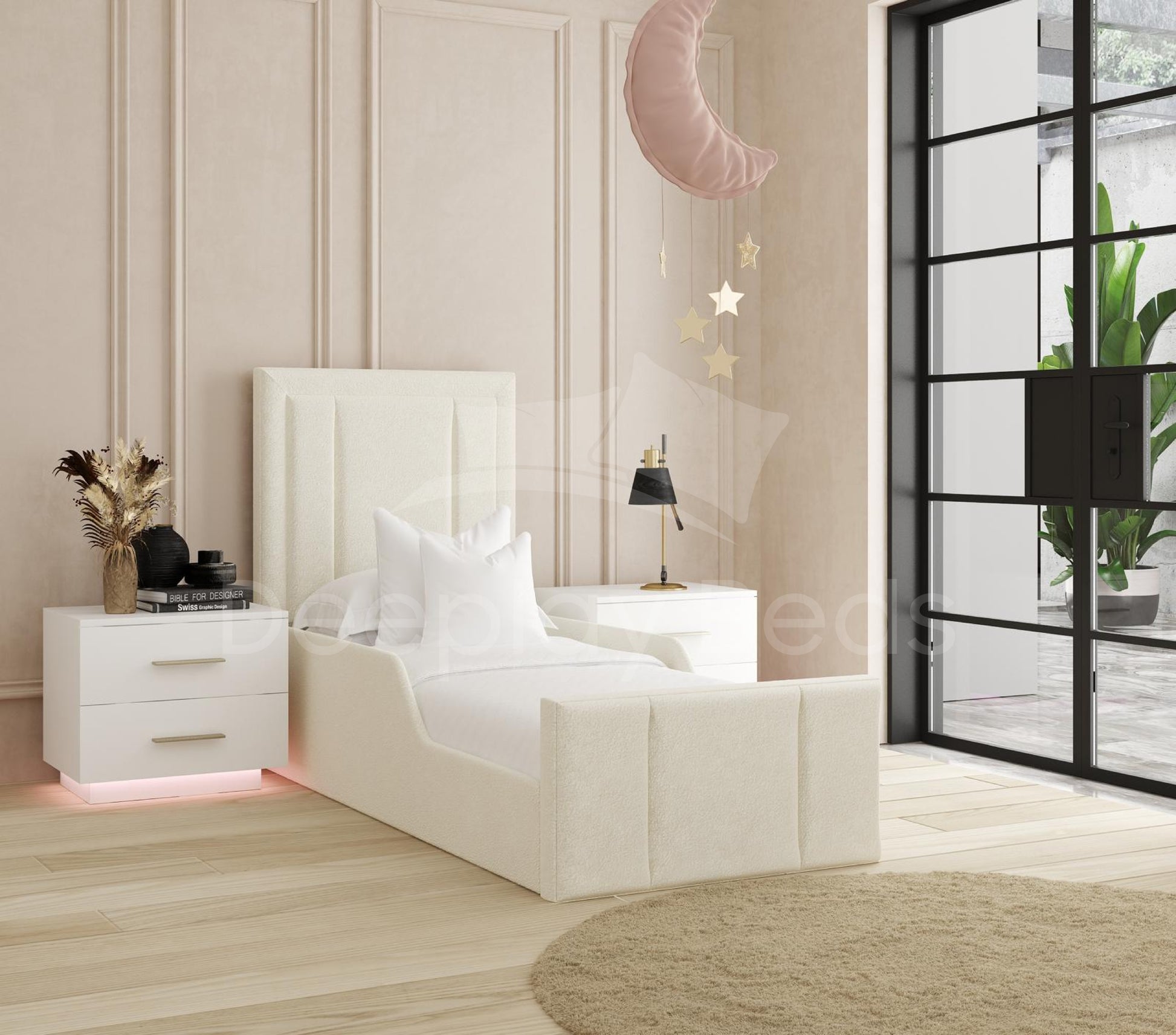 Modern bedroom with a white bed, nightstands, and decorative elements.