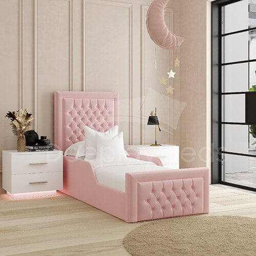 Edmund Kids Baby Pink Chesterfield Upholstered Bed Frame + Free 8" Mattress 3ft-4ft-4ft6-5ft