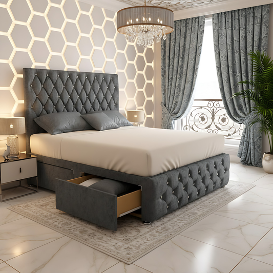 Moscow Diamond Button High Headboard Divan Drawer Storage Bed Frame in gray, with tufted detailing and a functional drawer for extra storage.