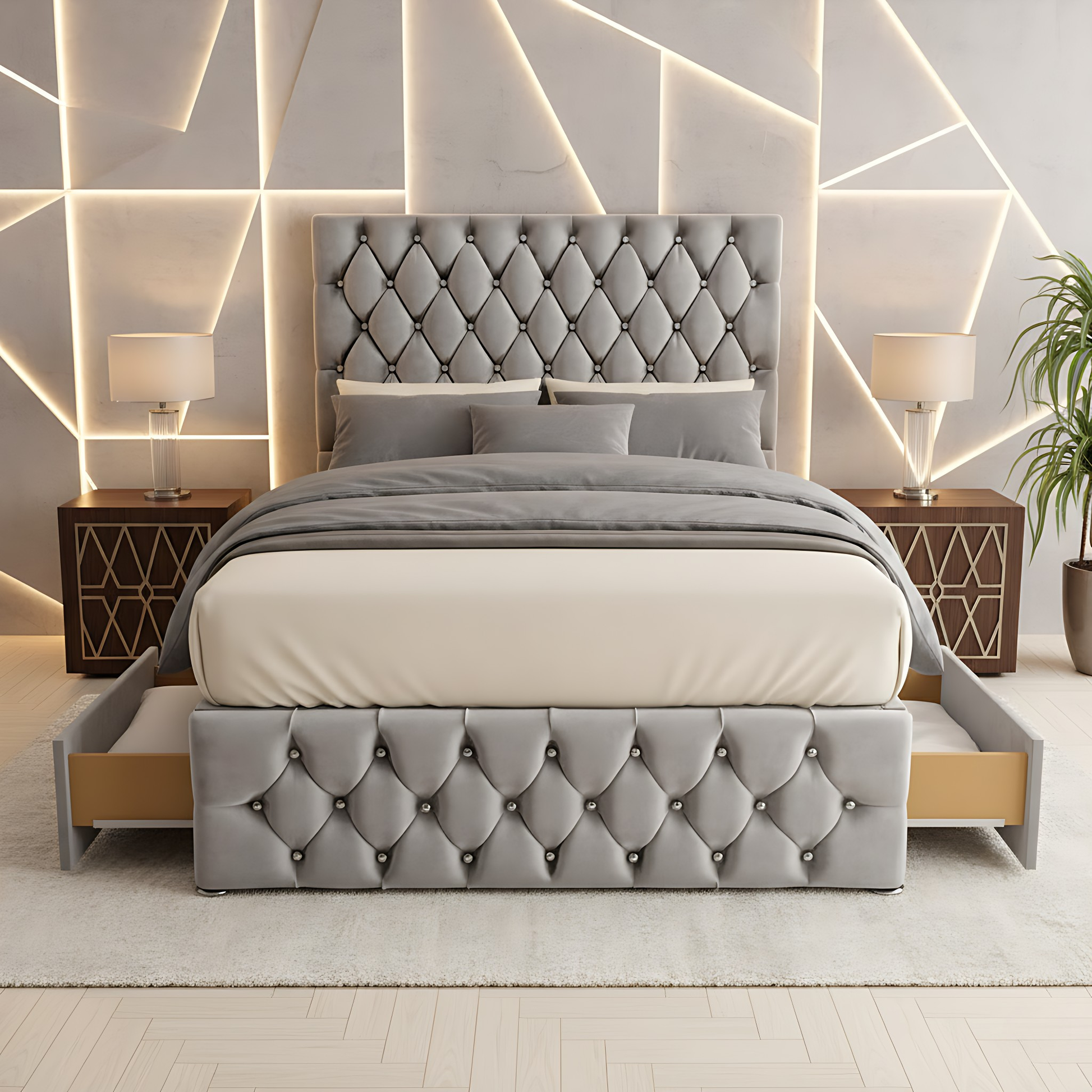 Moscow Diamond Button High Headboard Divan Drawer Storage Bed Frame in gray with lift-up mattress to reveal spacious storage compartment underneath.