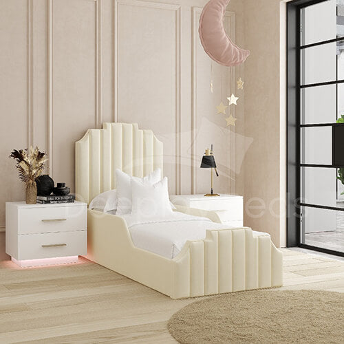 Harold Kids Beige Mountain Style Upholstered Bed Frame + Free 8" Mattress 3ft-4ft-4ft6-5ft