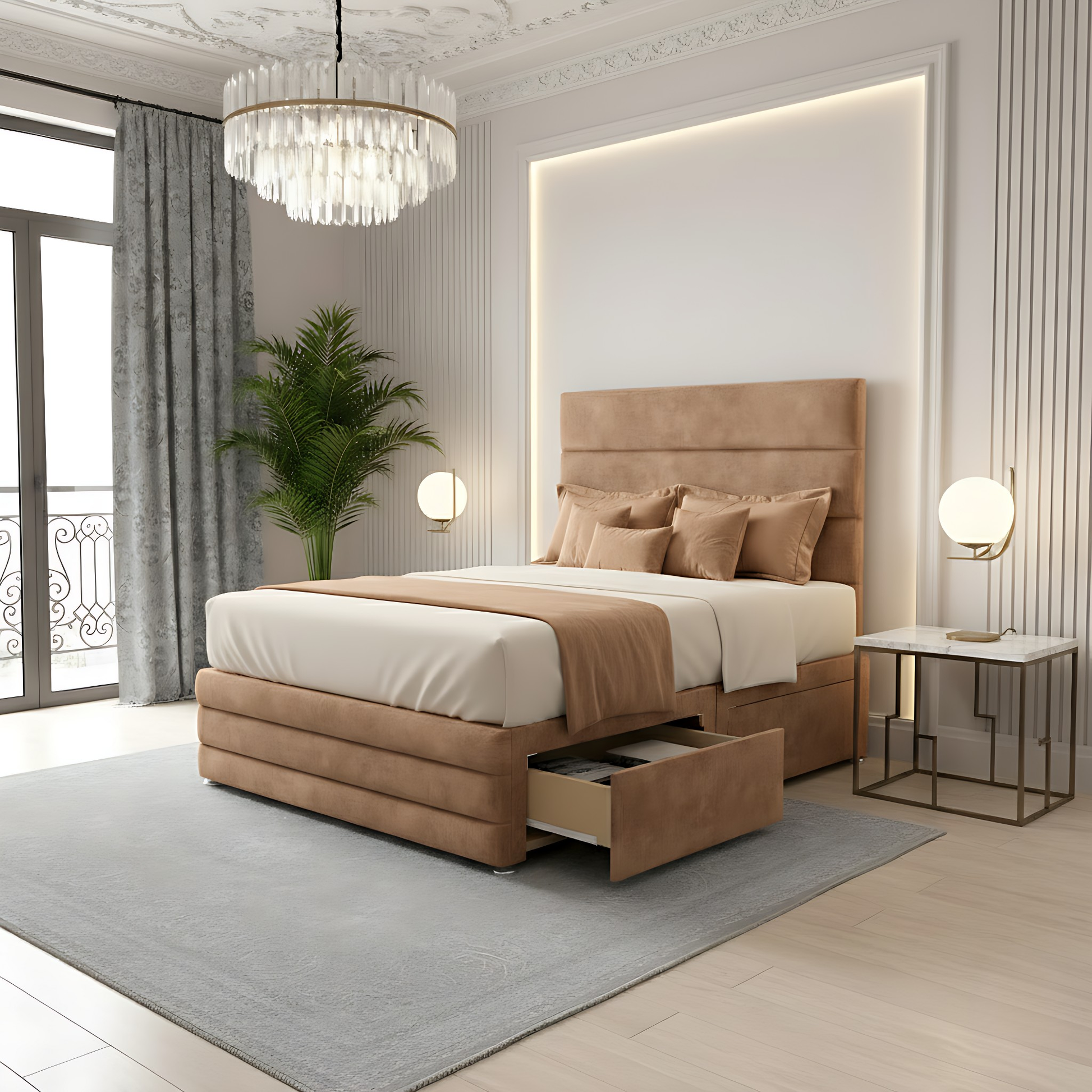 Beige high headboard divan storage bed with line panel headboard and built in drawer storage.