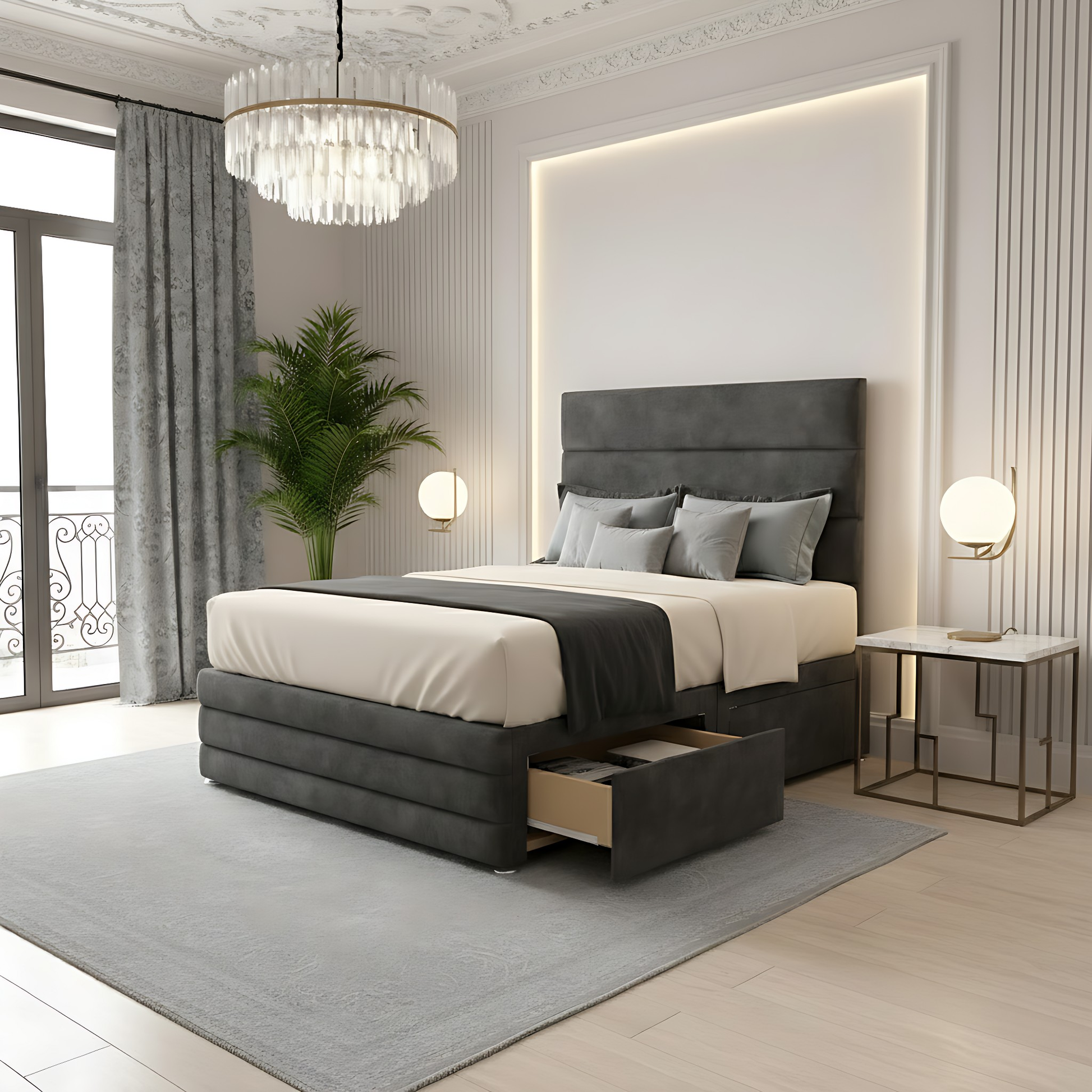 Modern bedroom with a gray upholstered bed, nightstands, and decorative elements.