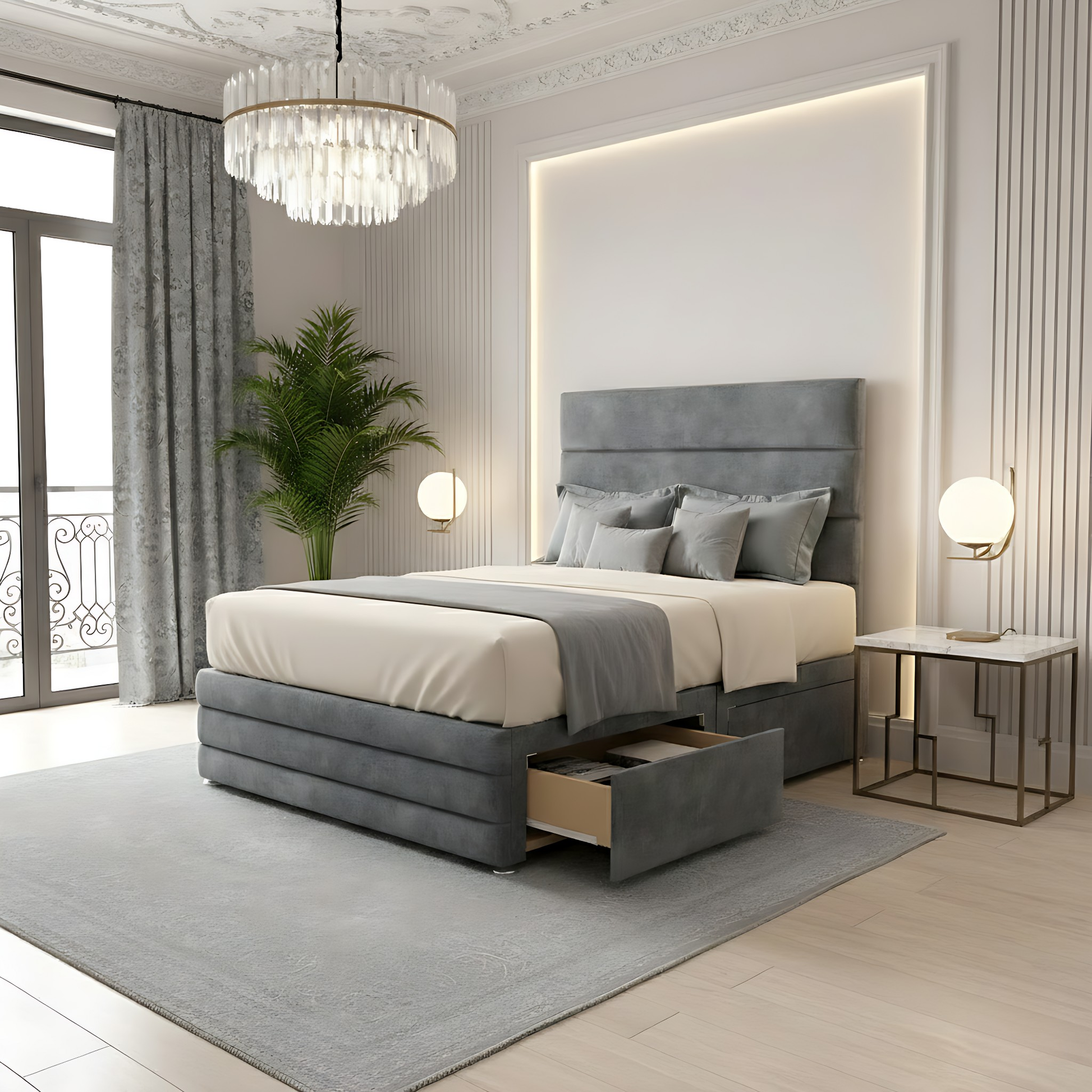 Grey divan storage bed with high headboard and open side drawer in contemporary bedroom.