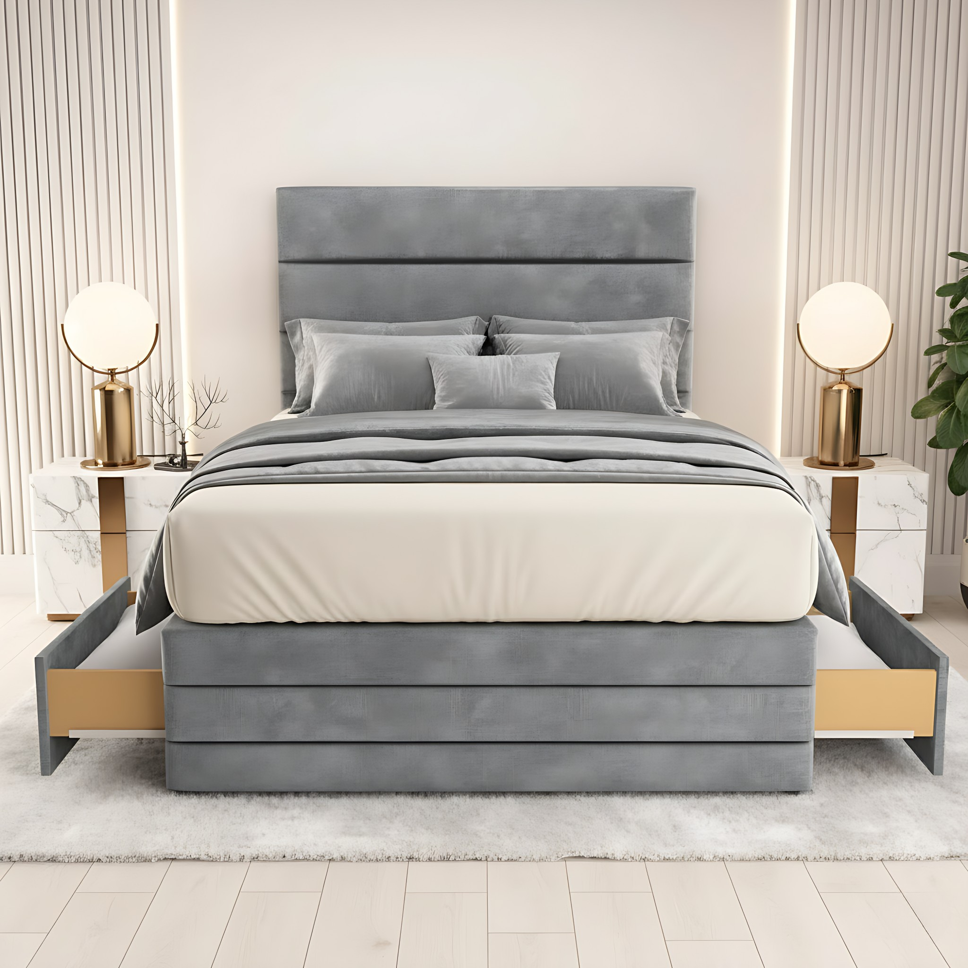 Havana Grey high headboard divan storage bed front view with dual side drawers and panel headboard.