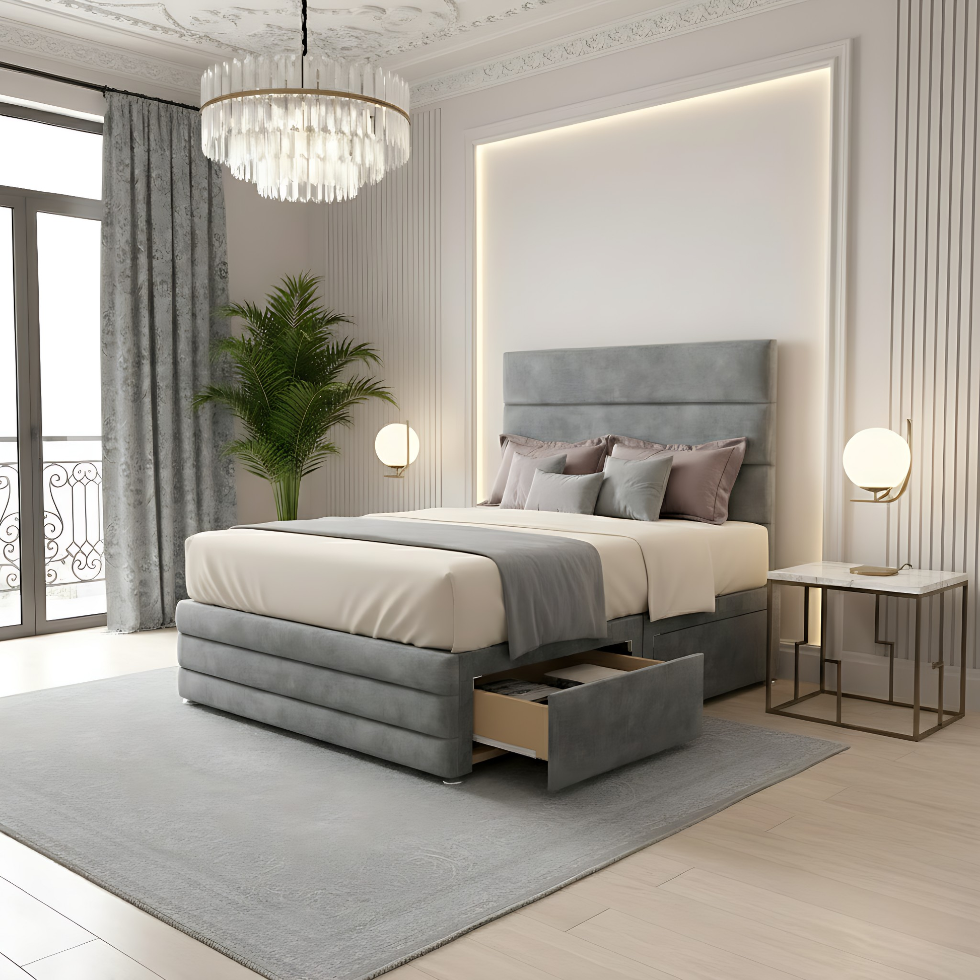 Light grey high headboard divan storage bed with panel design and pull out drawer storage.