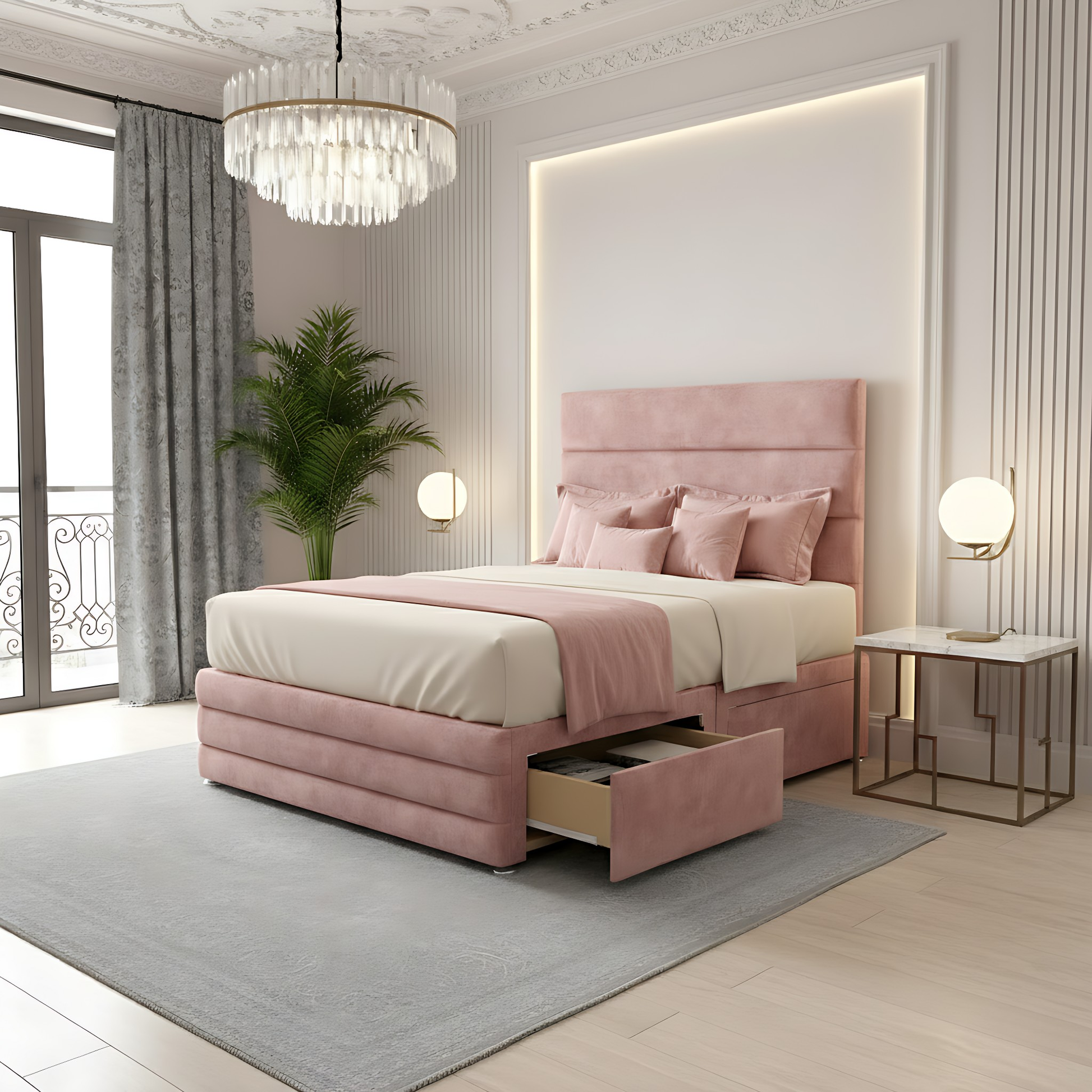 Pink high headboard divan storage bed with vertical panel headboard and drawer storage.