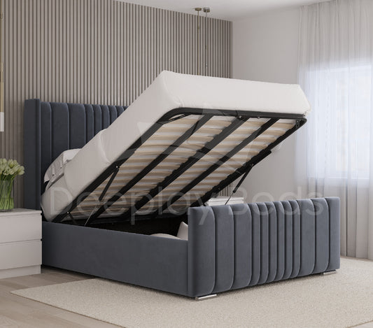 Wingback upholstered ottoman storage bed with a tall headboard and lift-up mechanism, perfect for contemporary bedrooms.