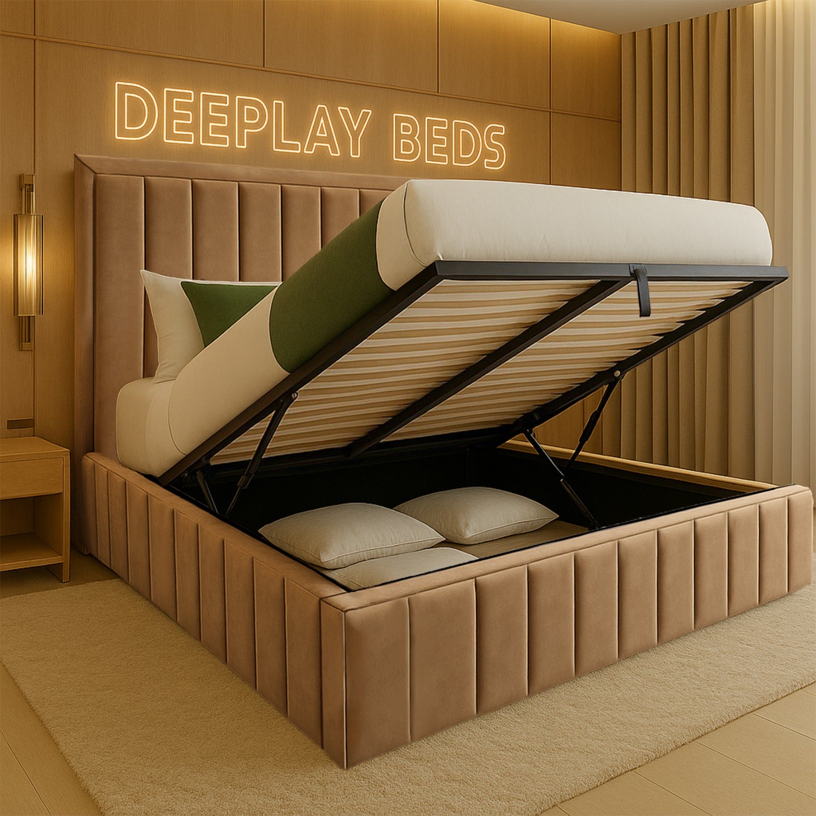 Beige bed with storage compartment in a room with 'DEEPLAY BEDS' neon sign.