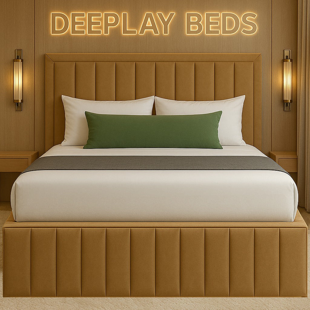 Bed with brown headboard and matching footboard, featuring 'DEEPLAY BEDS' branding.