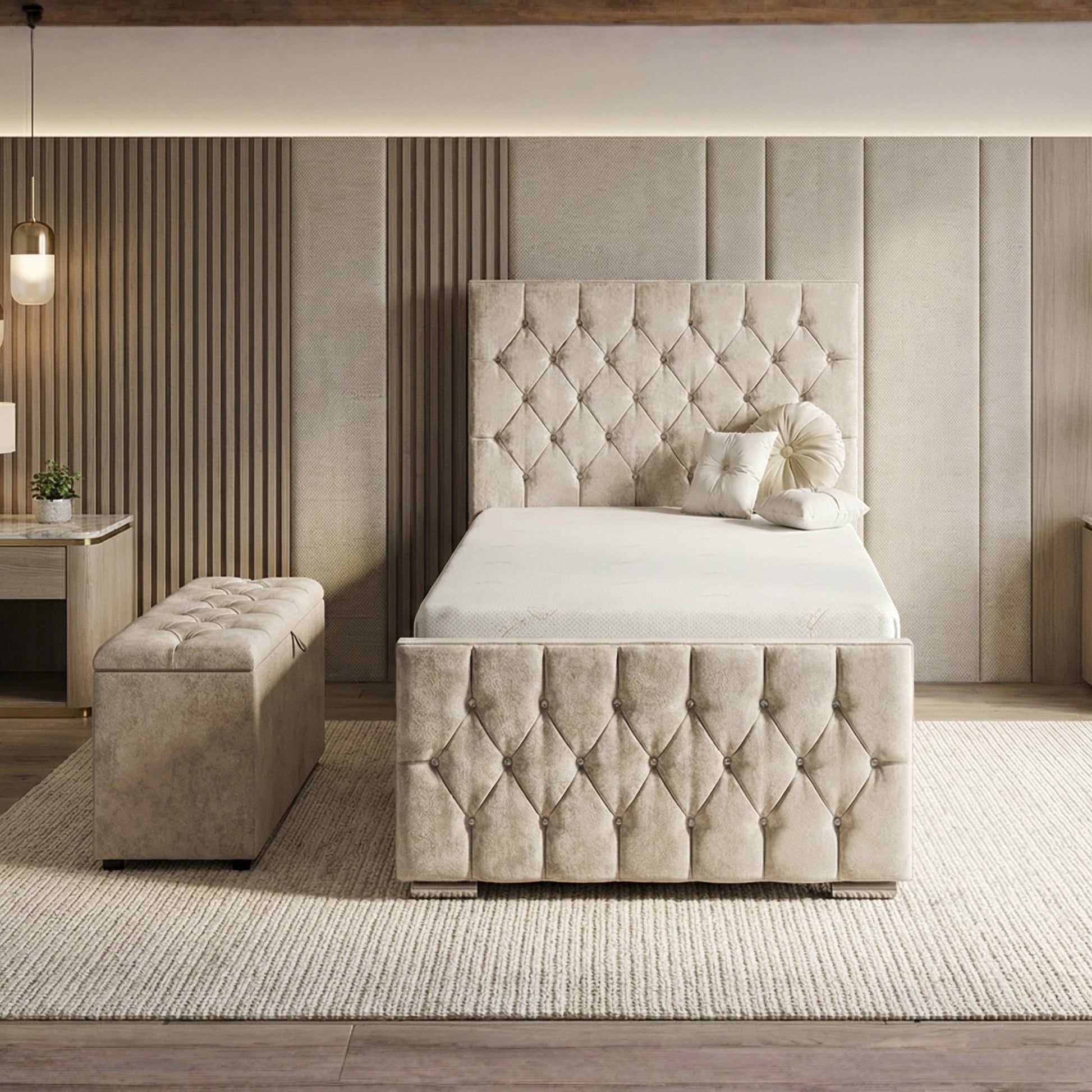 Keele Cream Chesterfield Upholstered Storage Bed Frame with tufted design, modern bedroom setting, and spacious storage bench.