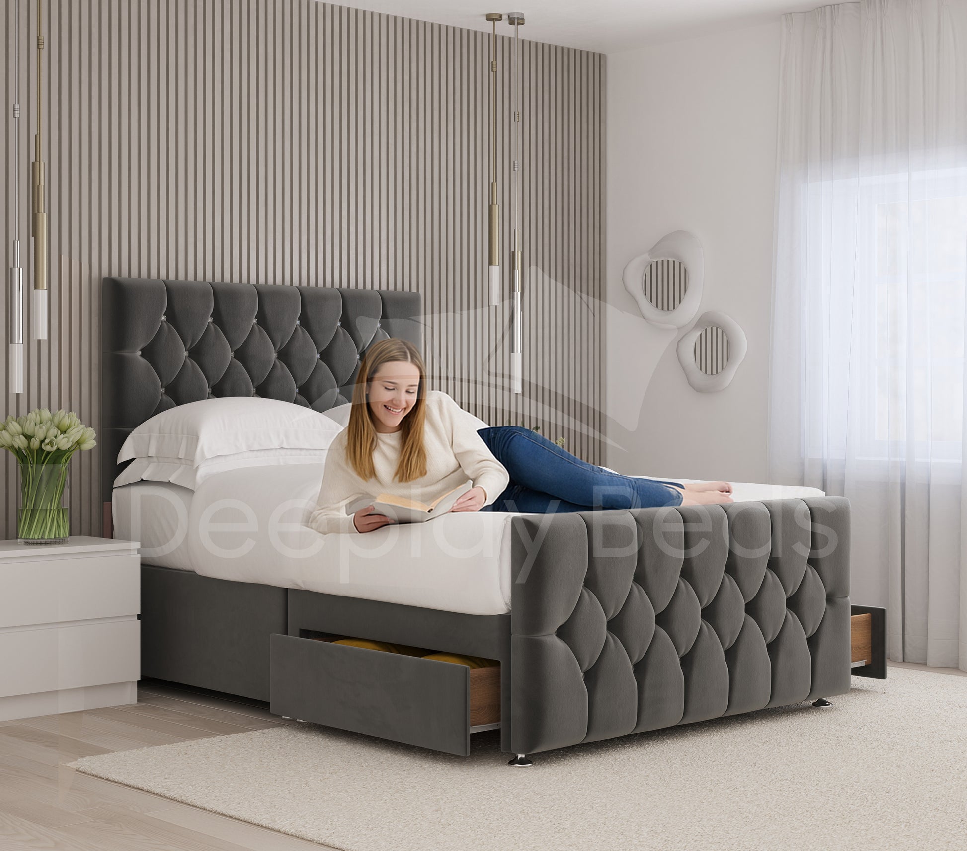 Lancaster Grey Chesterfield Upholstered Ottoman Storage Bed Frame with tufted headboard and hidden storage drawer, modern bedroom design.