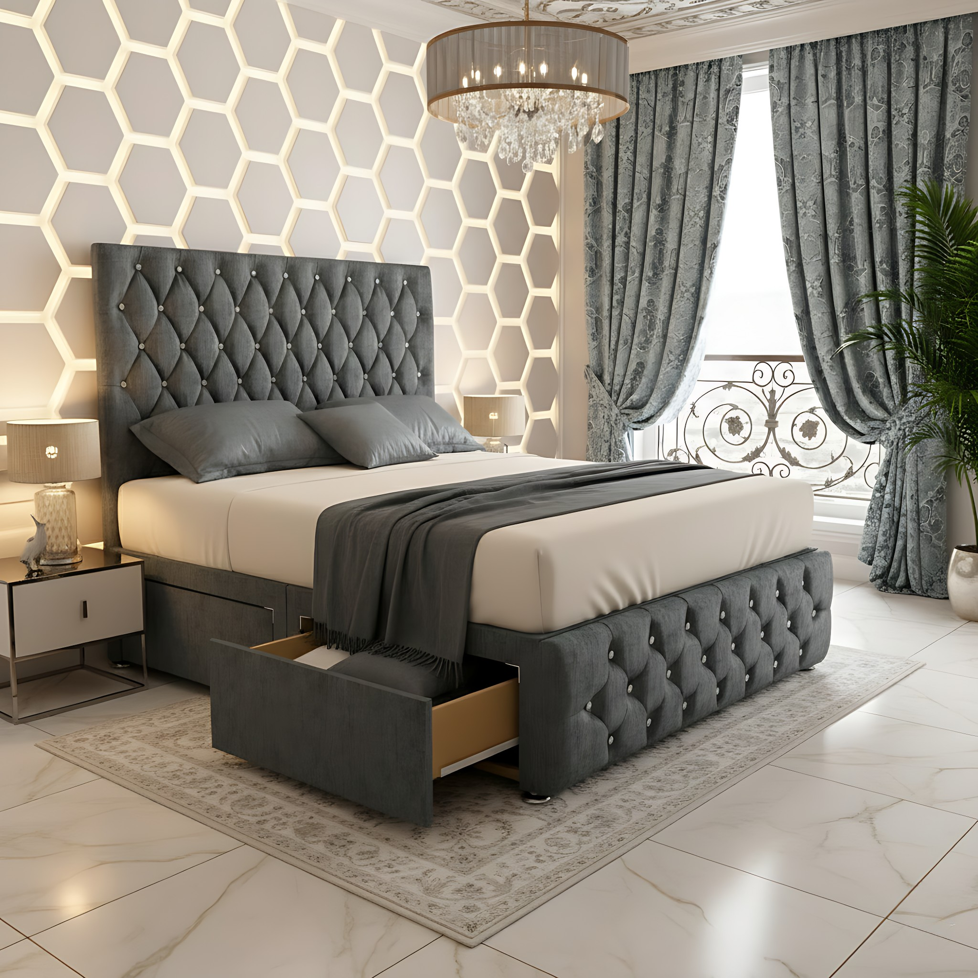 Moscow Diamond Button High Headboard Divan Drawer Storage Bed Frame in light gray with a raised mattress revealing ample under-bed storage.