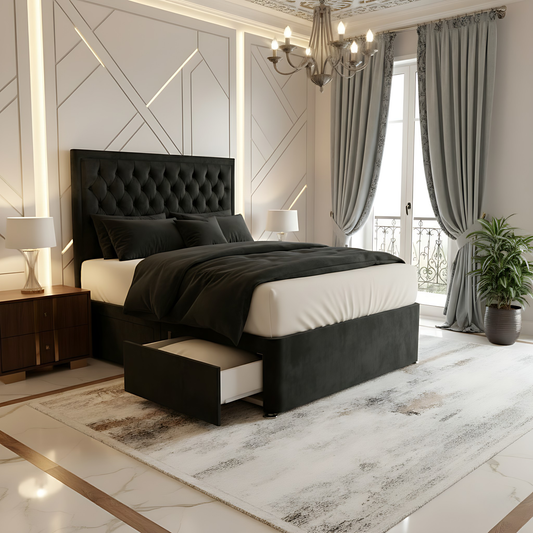 Madrid Black Chesterfield High Headboard Divan Drawer Storage Bed Frame with tufted headboard and stylish storage drawers, ideal for modern bedrooms.