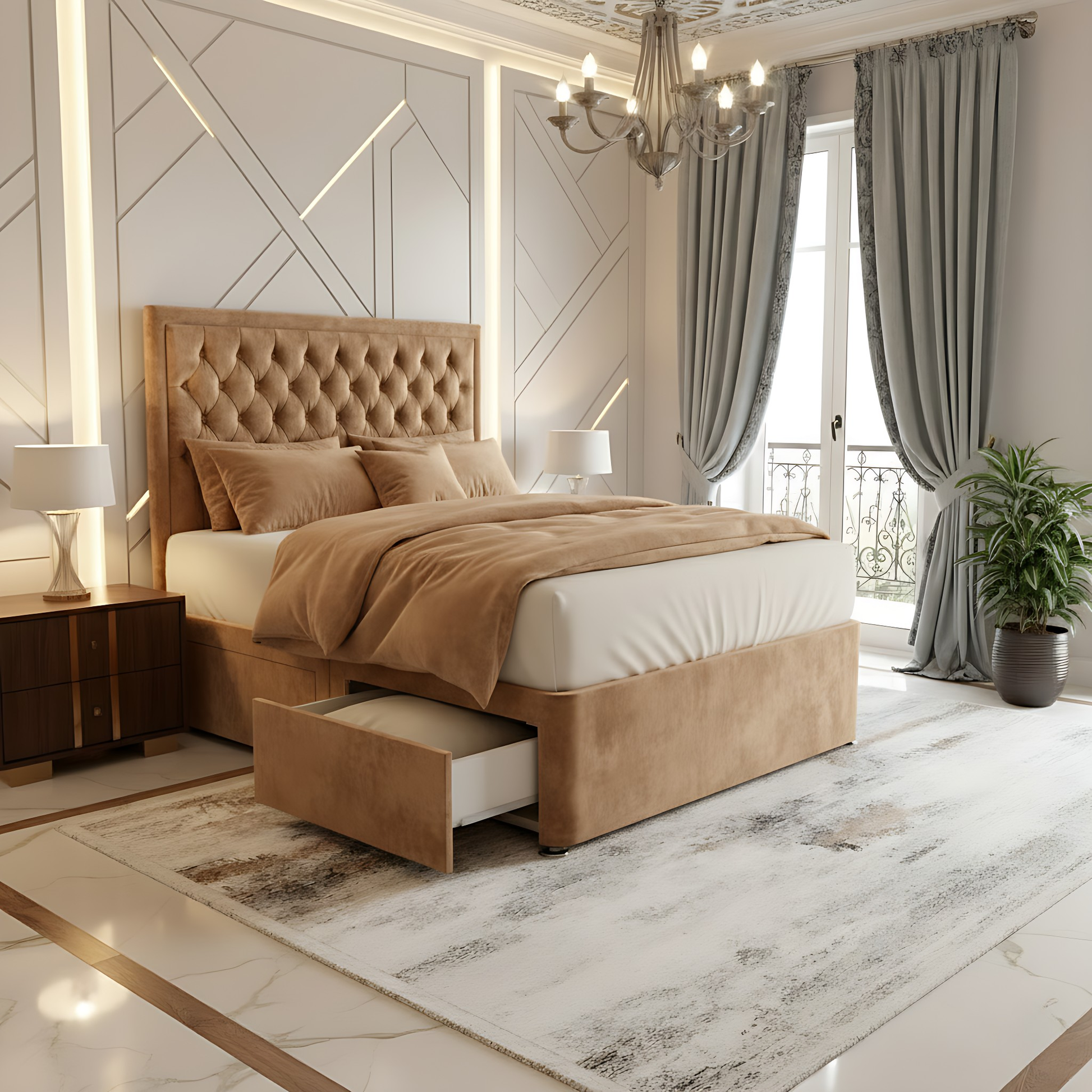 Madrid Chesterfield High Headboard Divan Drawer Storage Bed Frame in beige with an elegant design and plush tufting, featuring convenient storage drawers.