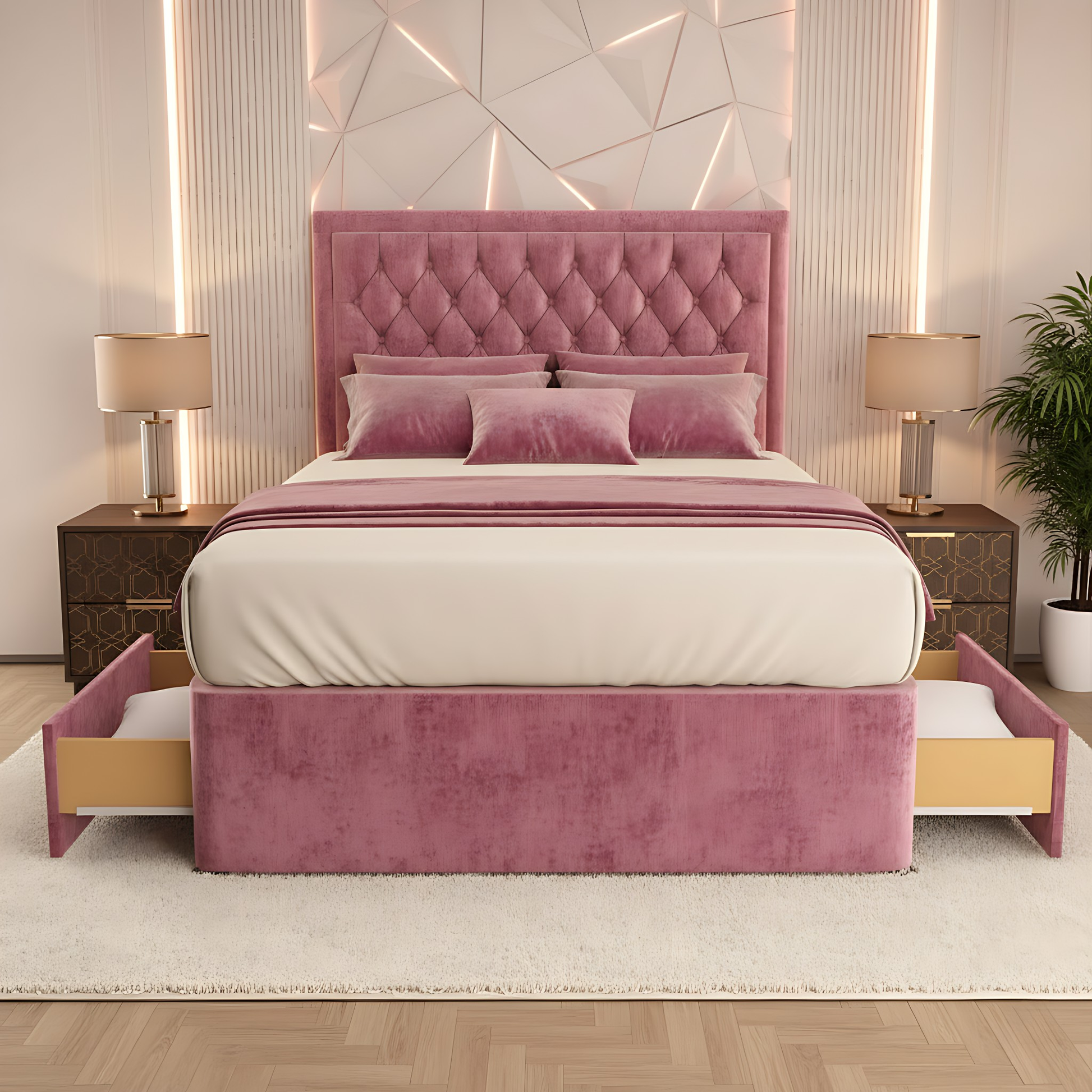 Madrid Chesterfield High Headboard Divan Storage Bed Frame in tan with a chic, cozy bedroom setup, complete with hidden storage drawers.