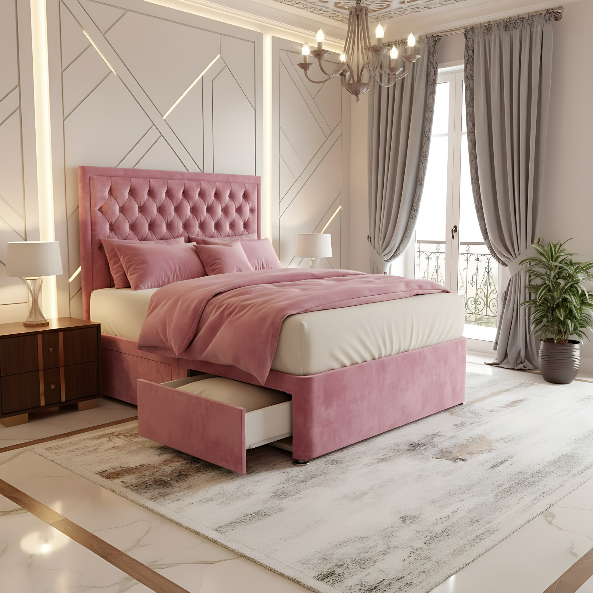Madrid Chesterfield High Headboard Divan Drawer Storage Bed Frame in pink velvet with a plush tufted headboard and spacious under-bed drawers.