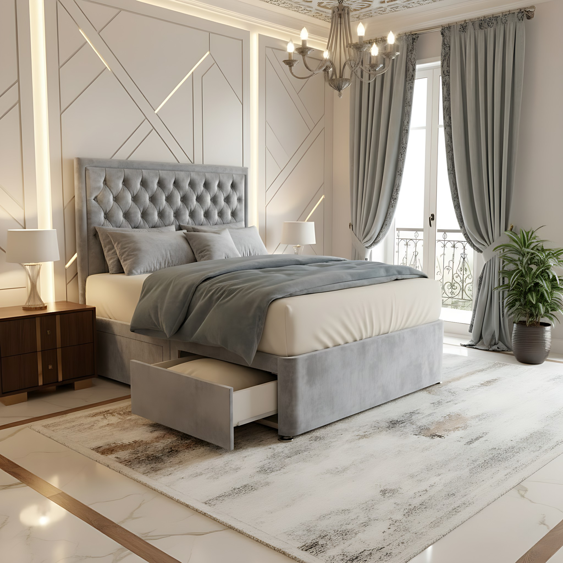 Madrid Chesterfield High Headboard Divan Storage Bed Frame in grey with high-quality fabric and sleek storage compartments for a stylish bedroom.