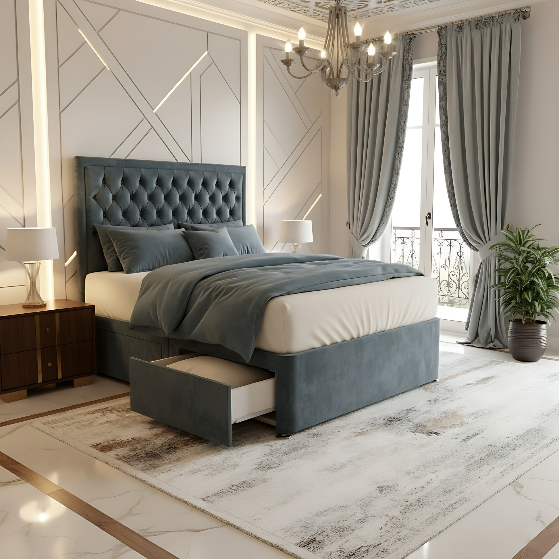 Madrid Chesterfield High Headboard Divan Drawer Storage Bed Frame in light grey with modern design and spacious divan drawers, perfect for a minimalist luxury bedroom.