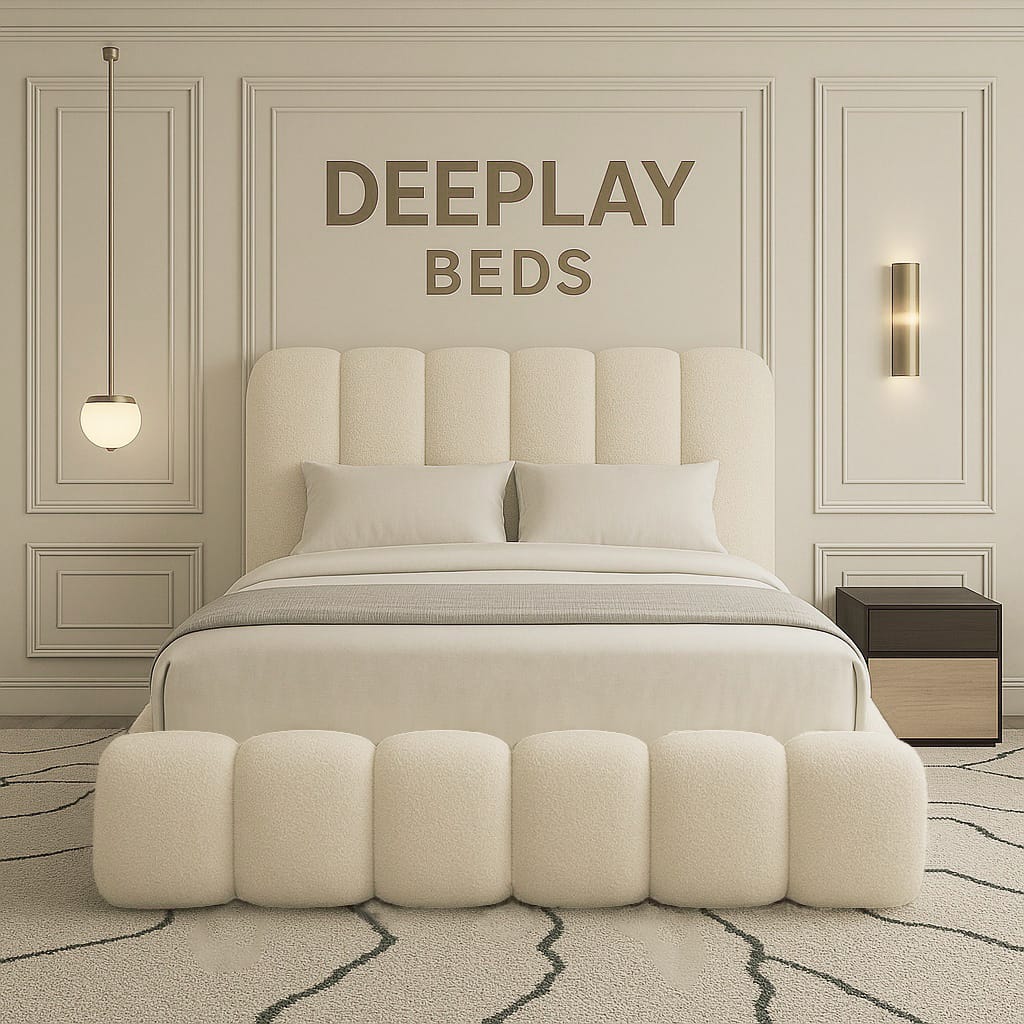 Beige bedroom with a bed and ottomans, featuring the 'DEEPLAY BEDS' brand.