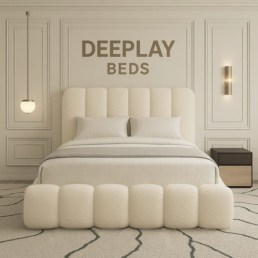 Beige bedroom with a bed and ottomans, featuring the 'DEEPLAY BEDS' brand.