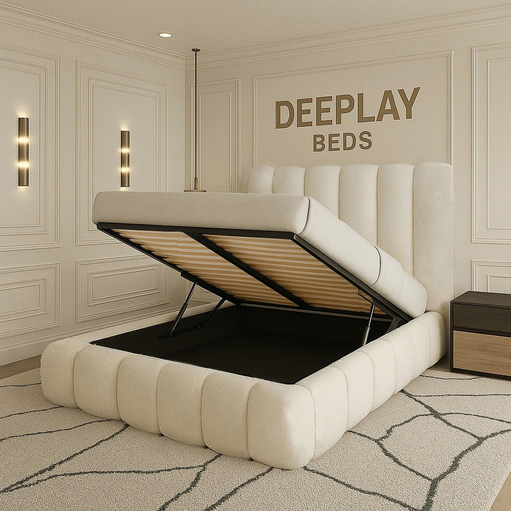 White tufted bed with storage compartment in a stylish room, featuring 'DEEPLAY BEDS' branding.