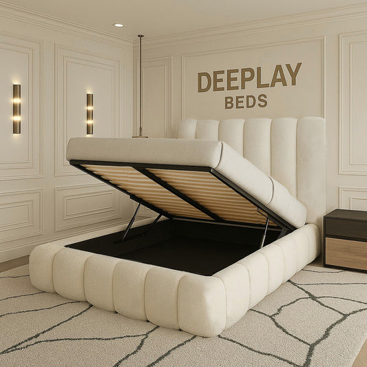 White tufted bed with storage compartment in a stylish room, featuring 'DEEPLAY BEDS' branding.