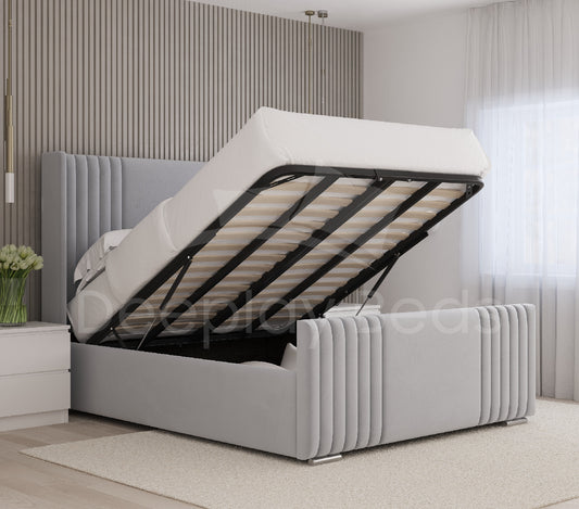 Manhattan Silver Wingback Ottoman Storage Bed Frame with open storage compartment, showcasing the convenient lift-up storage mechanism for added functionality.