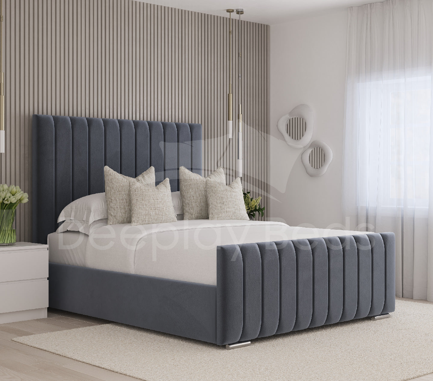 Mayfair Grey Plush Velvet Tall Headboard Ottoman Storage Bed Frame with pleated design and spacious under-bed storage for modern luxury.