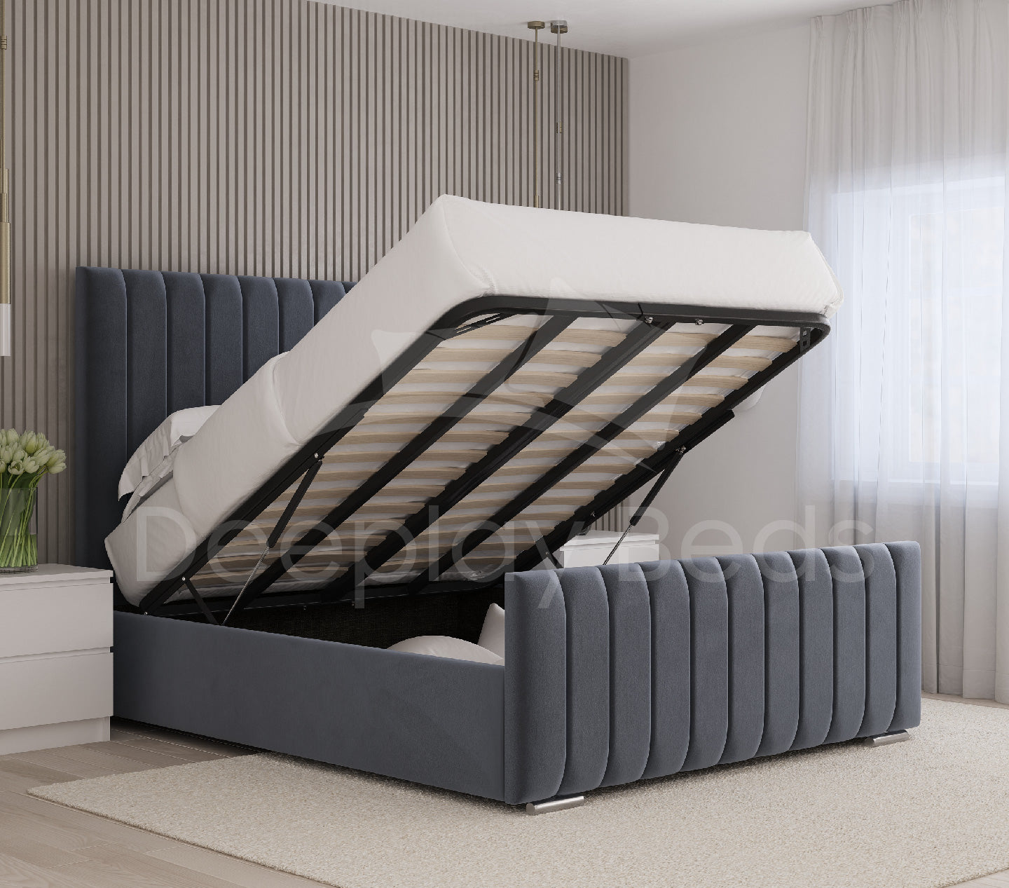 Mayfair Grey Plush Velvet Ottoman Storage Bed Frame with lift-up storage mechanism, providing easy access to spacious under-bed storage.
