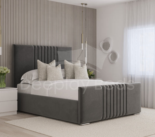 Milan Grey Plush Upholstered Ottoman Storage Bed Frame with tall tufted headboard and spacious under-bed storage, perfect for a modern bedroom.