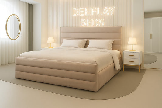 Beige bed with 'DEEPLAY BEDS' neon sign in a bedroom setting
