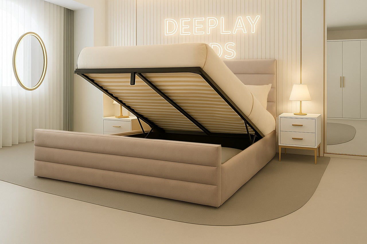 Beige bed with open headboard in a bedroom setting, featuring 'DEEPLAY' branding.
