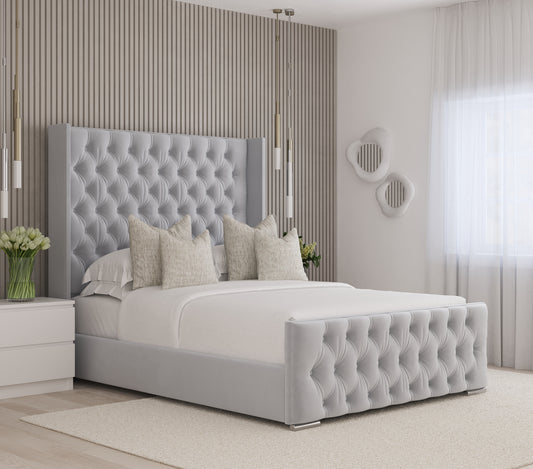 Newcastle Grey Chesterfield Wingback High Headboard Bed with Storage