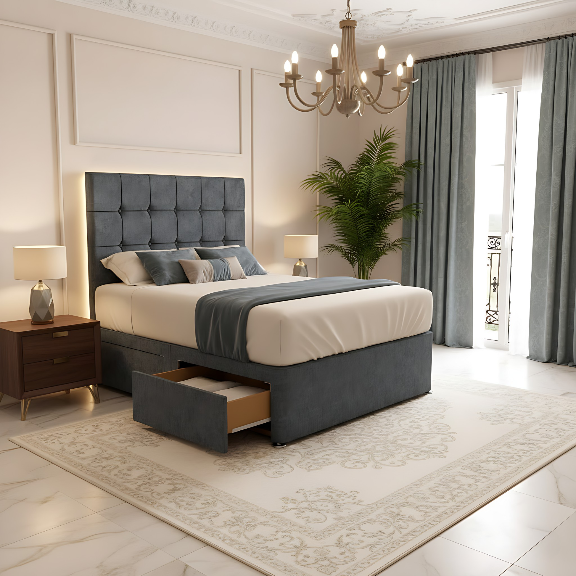 Oslo light beige high headboard divan bed with drawer storage, perfect for modern, minimalistic bedroom décor.