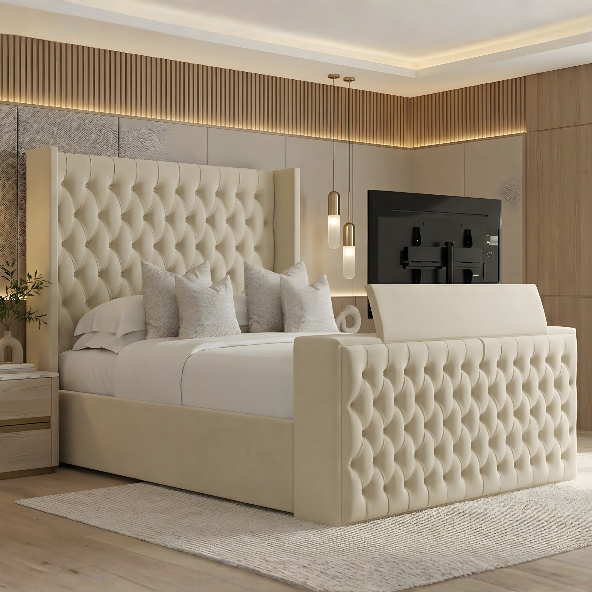 Oxford Chesterfield wingback high headboard TV bed frame in cream, featuring luxurious tufted upholstery and integrated TV lift for modern bedrooms.