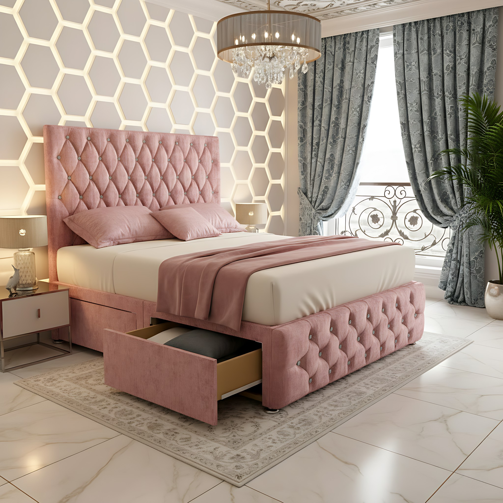 Moscow Diamond Button High Headboard Divan Drawer Storage Bed Frame in pink, offering a stylish tufted design and convenient storage drawers.