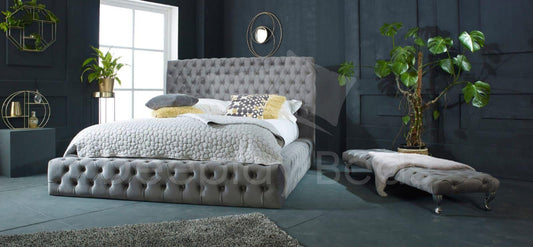 Plymouth Chesterfield Storage Bed Frame – Grey Fabric Upholstery