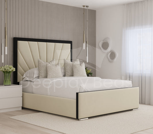 Portsmouth high headboard upholstered storage bed frame with a sleek black border, featuring a luxurious cream finish and spacious storage.