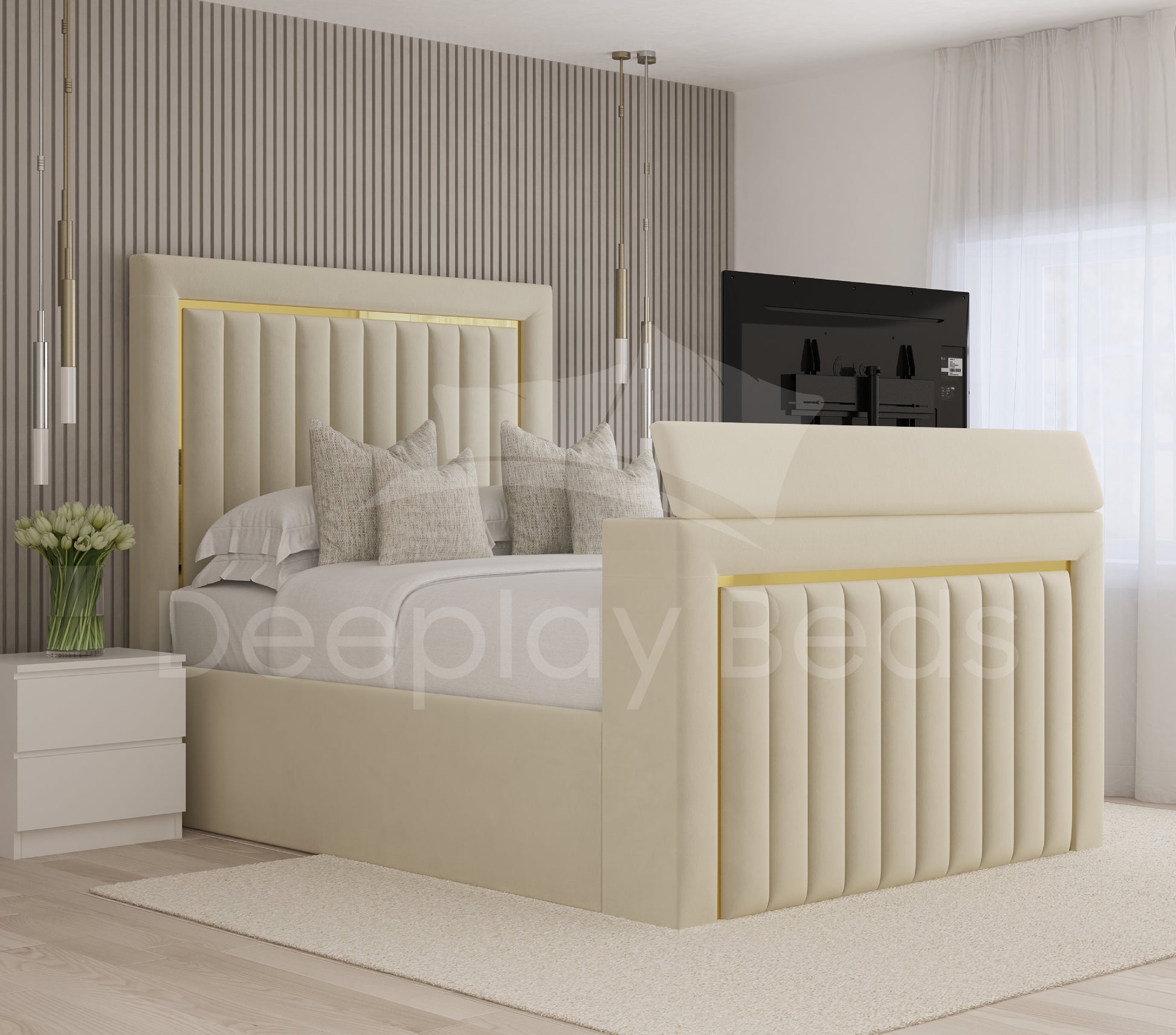 Queen Mary high headboard ottoman storage TV bed frame in cream, with gold accents, offering a luxurious design and convenient under-bed storage.