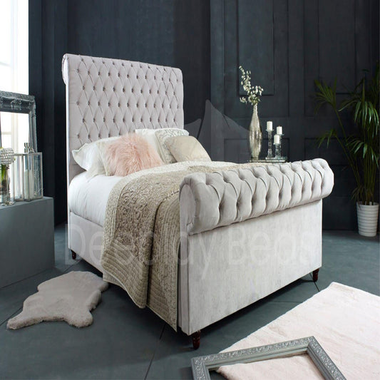 Sheffield Chesterfield sleigh high headboard storage bed frame with luxurious tufted detailing and ample storage space, featuring elegant design and soft fabric.